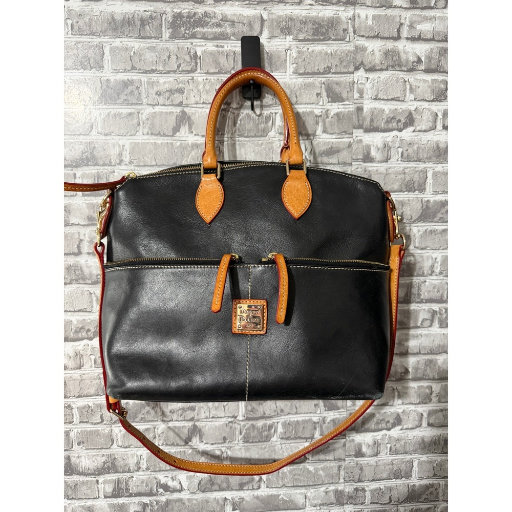 Dooney & Bourke Black Leather Satchel Crossbody Bag with Tan Trim